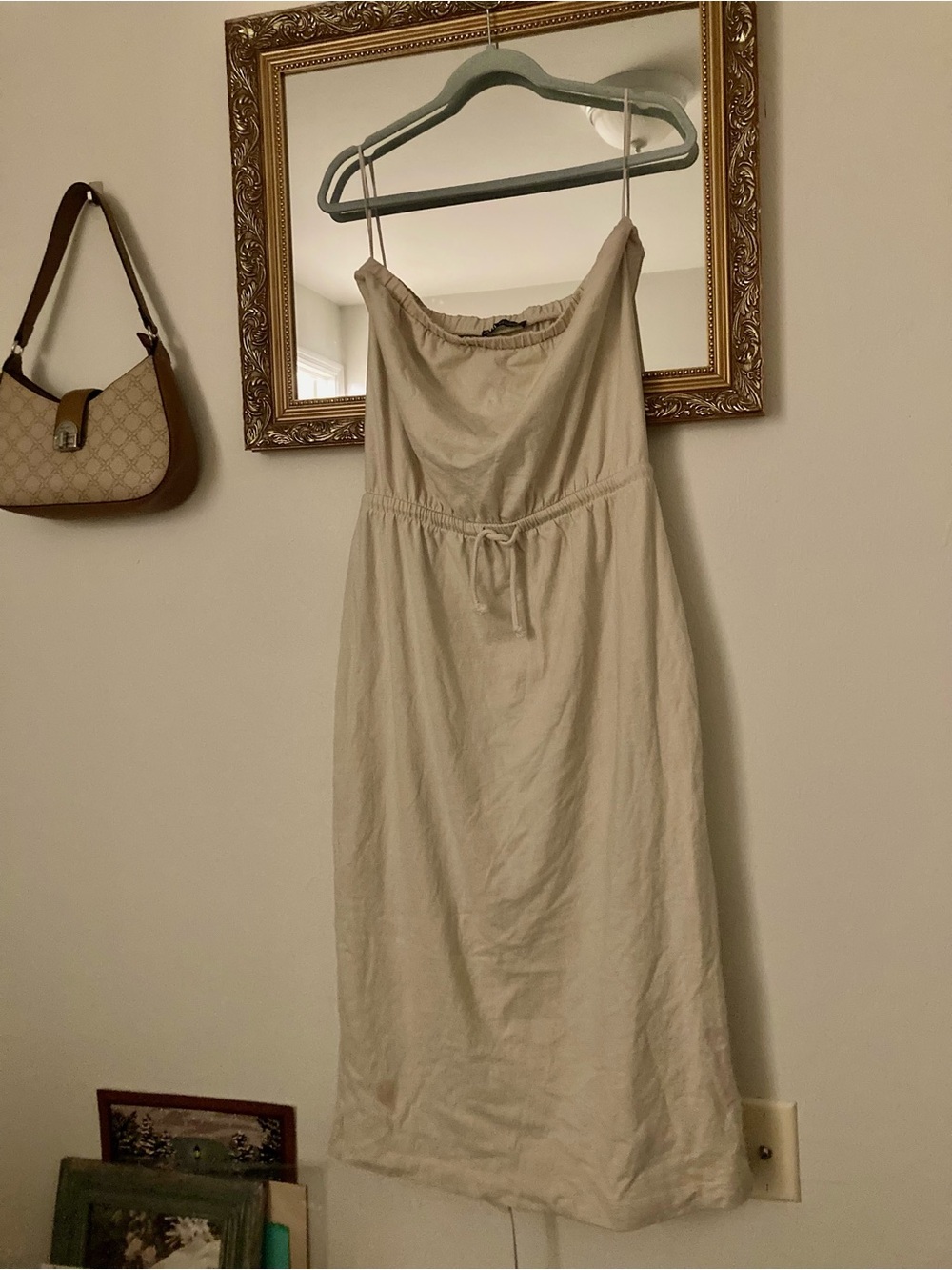 Zara Cream Strapless Maxi Dress with Waist Tie
